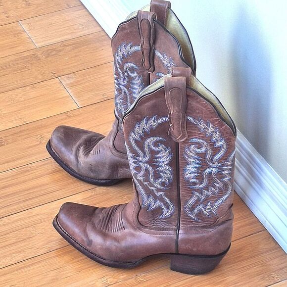 Women's Nocona Blue Bonnet Brown Western Boot 11" shaft Turquoise Stitching 6.5B - Picture 1 of 16